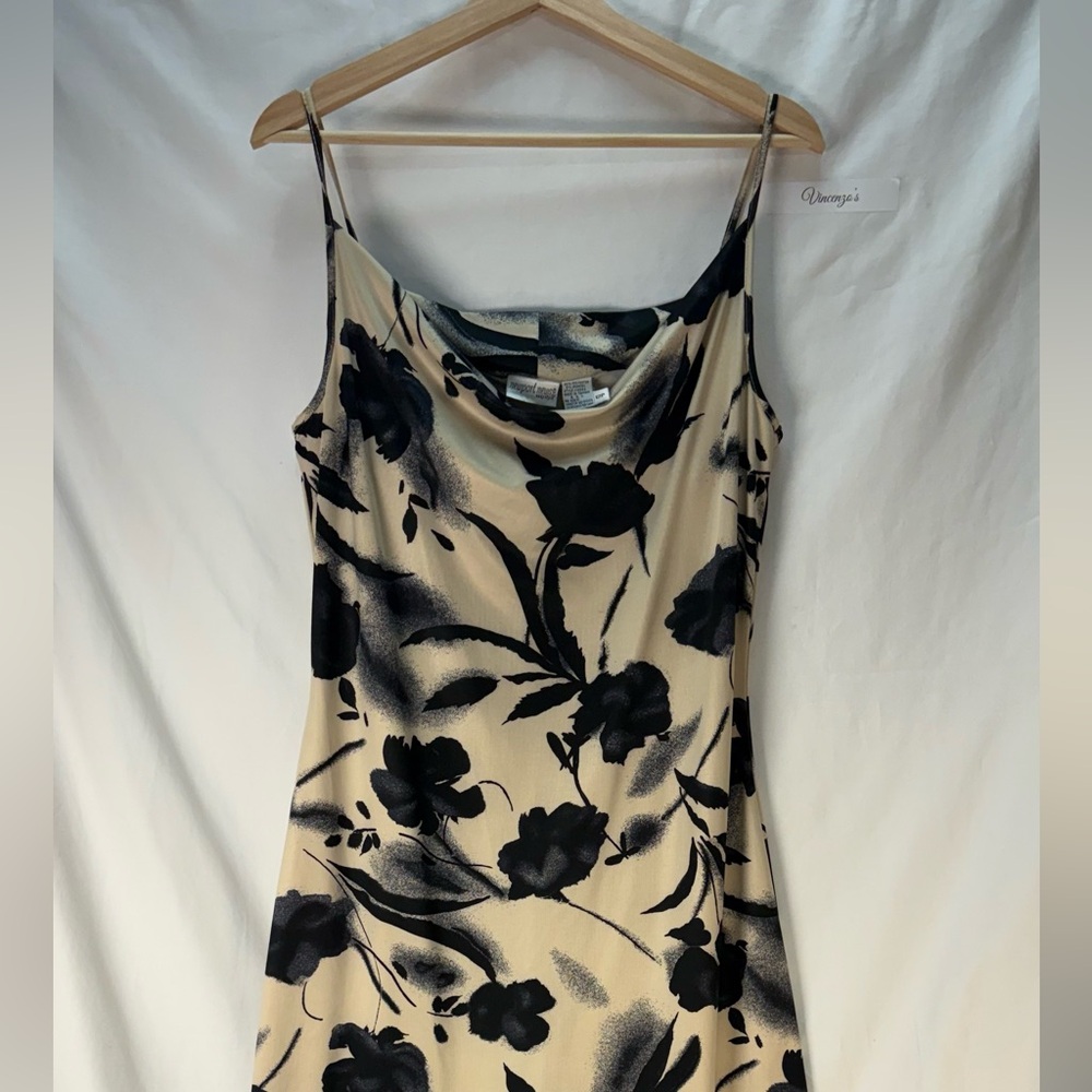 Vintage Newport News Floral Slip Dress Cream Black Cowl Neck Midi 90s